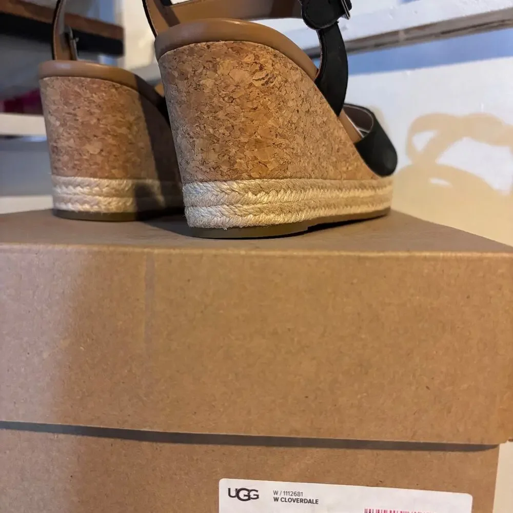 UGG Cloverdale Black Leather Espadrille Wedge Sandals